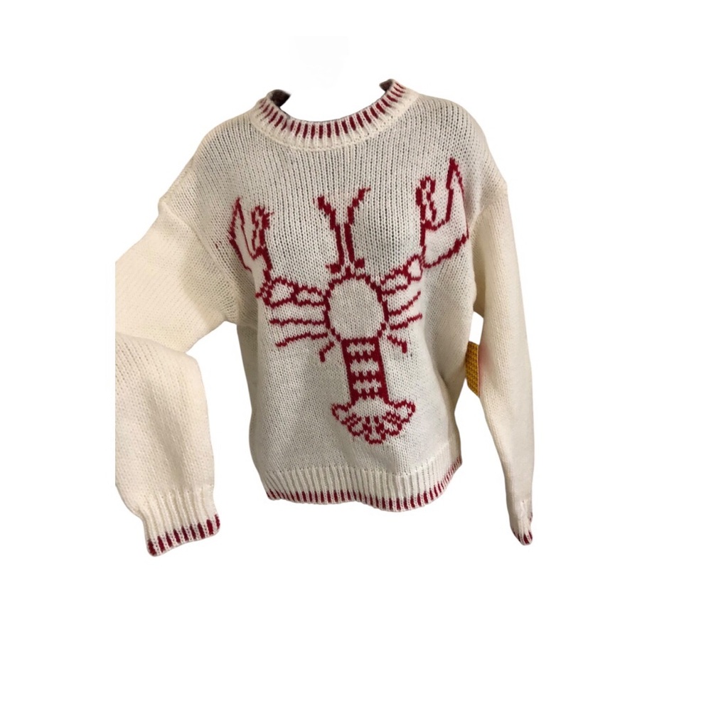 Cream red whipstitch‎ style lobster print chunky knit sweater size medium new